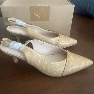 Beige Croc-Embossed Slingback Heels